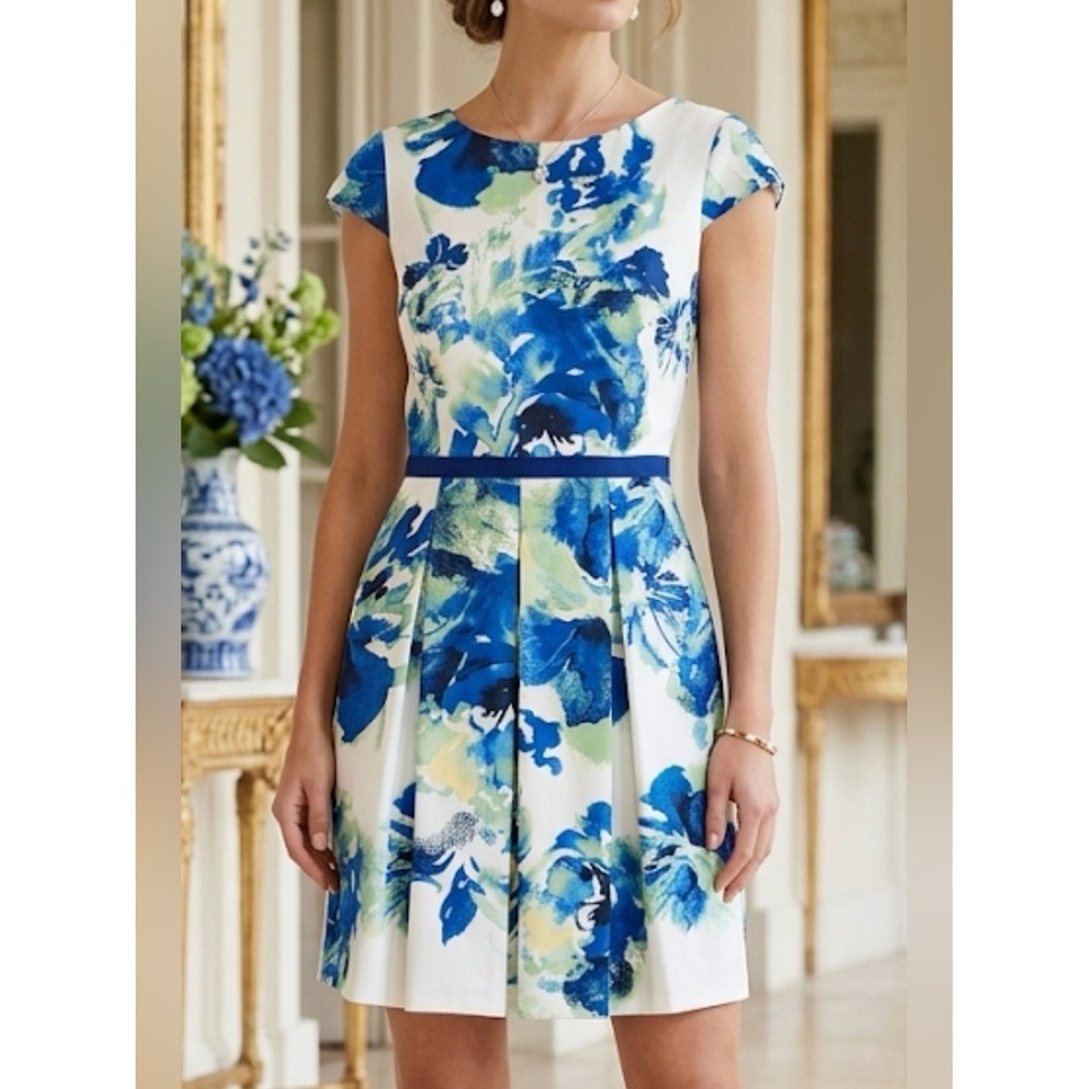 Alex Marie Blue Green Floral Watercolor‎ Pleated Cap Sleeve Sheath Dress Size 12